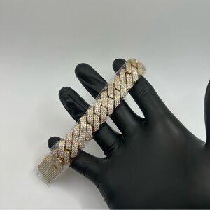 Moissanite Gold Cuban Bracelet Miami Cuban Link Prong Bracelet 20mm 6.5” 3 Row